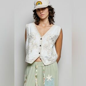 POL Embroidered Floral V-Neck Button Down Crochet Vest